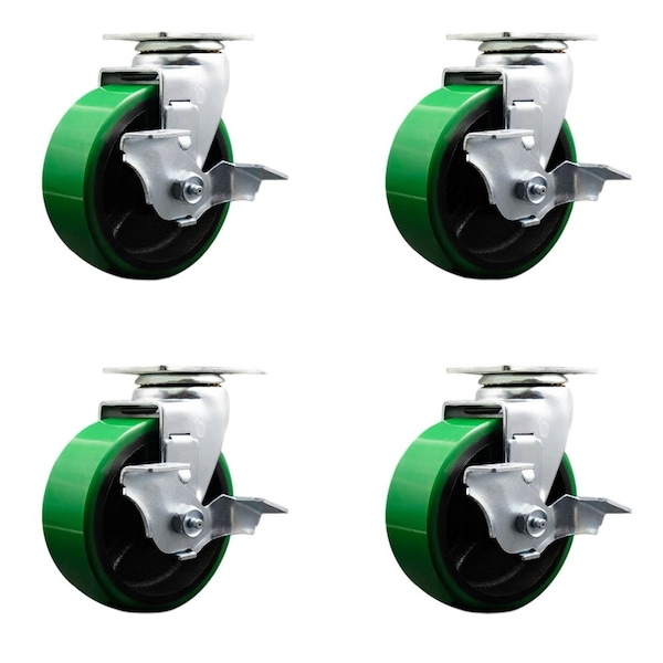 Tool Box Caster Wheel Set 5'' Green Poly on Cast Iron Swivel Casters, 4PK